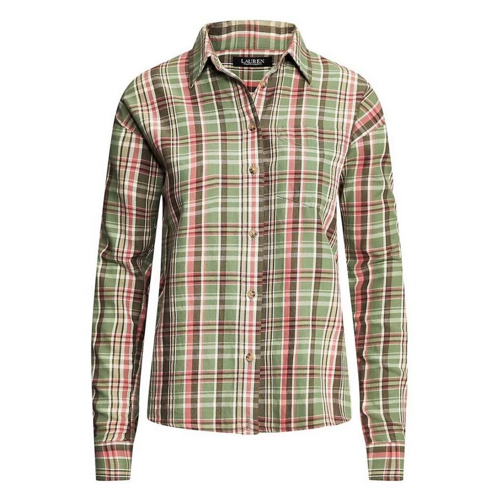 NWT Lauren Ralph Lauren Women's Plaid Cotton Twill Shirt Green Multi